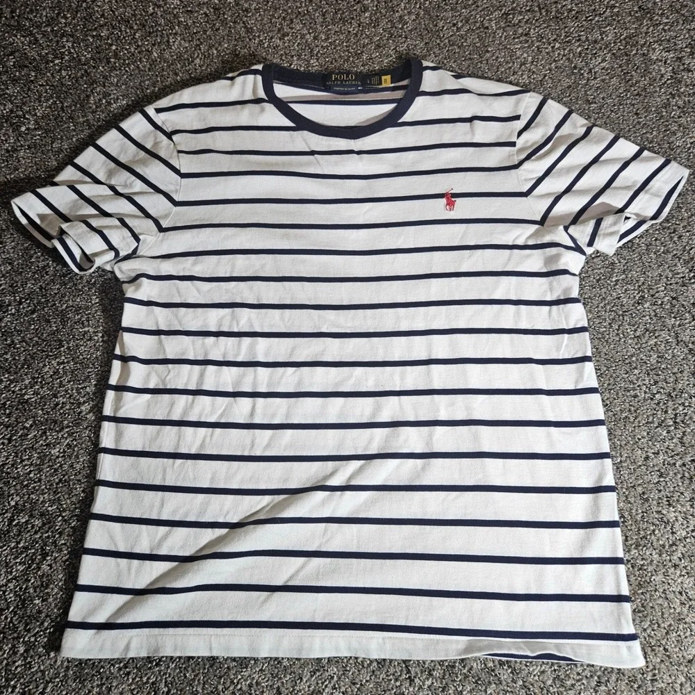 Polo Ralph Lauren Mens Custom Slim Fit Striped T-Shirt Navy White Red Pony LG